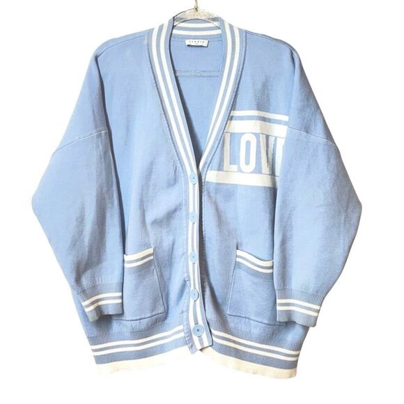 Sandro Paris Opera 'LOVE' Varsity Striped Cardigan Sweater Blue & White L - Picture 1 of 16